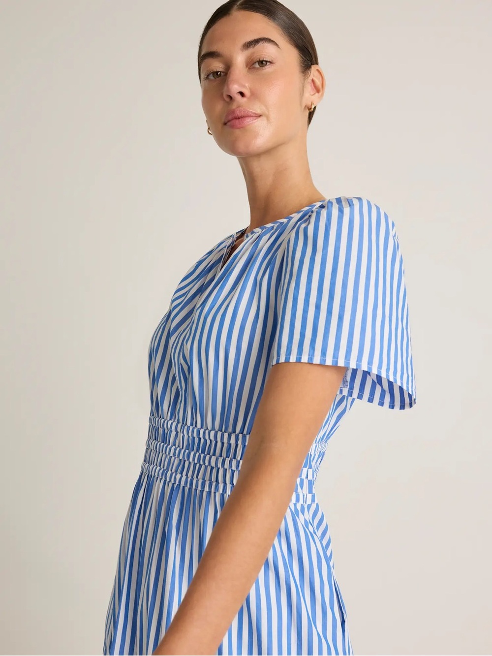 Quince Blue White Azure Stripe Organic Cotton Poplin Tiered Maxi Dress Large - Picture 5 of 16